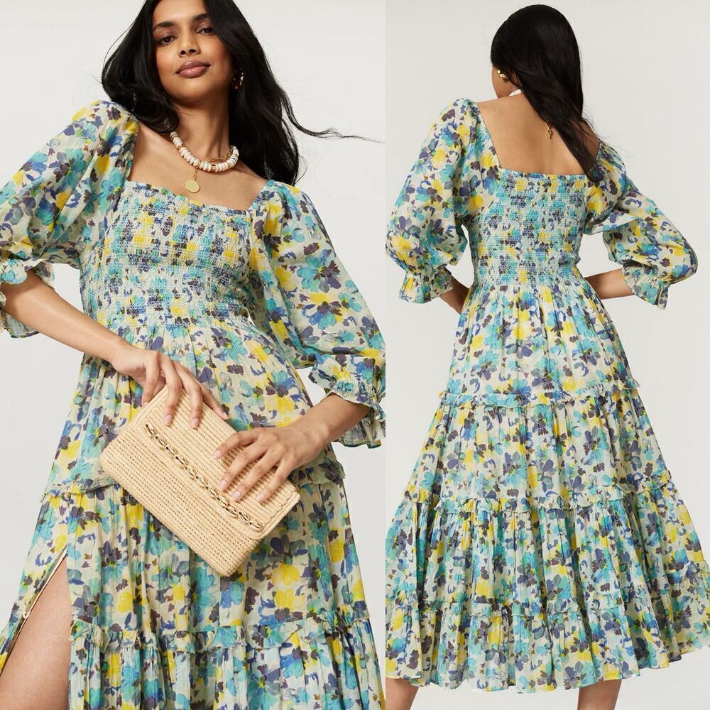 LoveShackFancy Blue Capri Floral Midi Dress Acai Berry Green Yellow Size XS